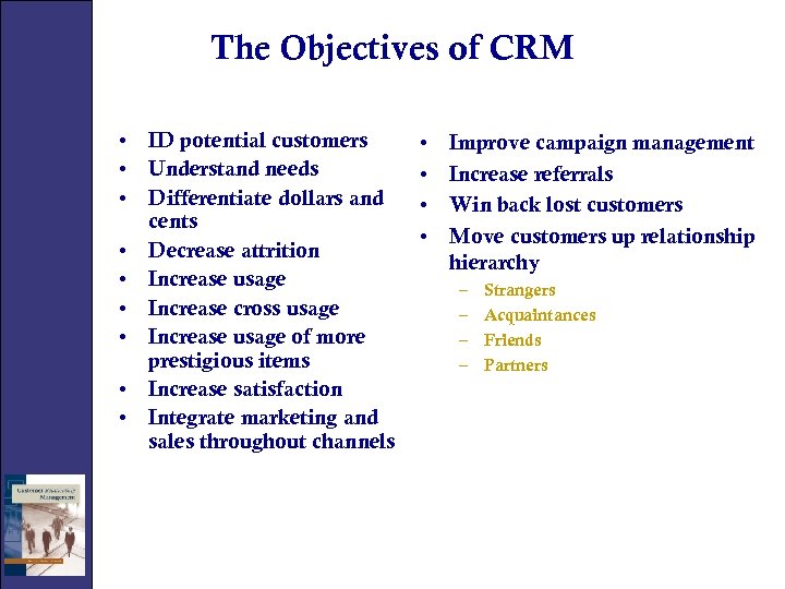 The Objectives of CRM • ID potential customers • Understand needs • Differentiate dollars