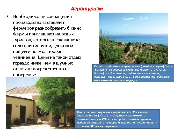 Агротуризм • Необходимость сокращения производства заставляет фермеров разнообразить бизнес. Фермы приглашают на отдых туристов,