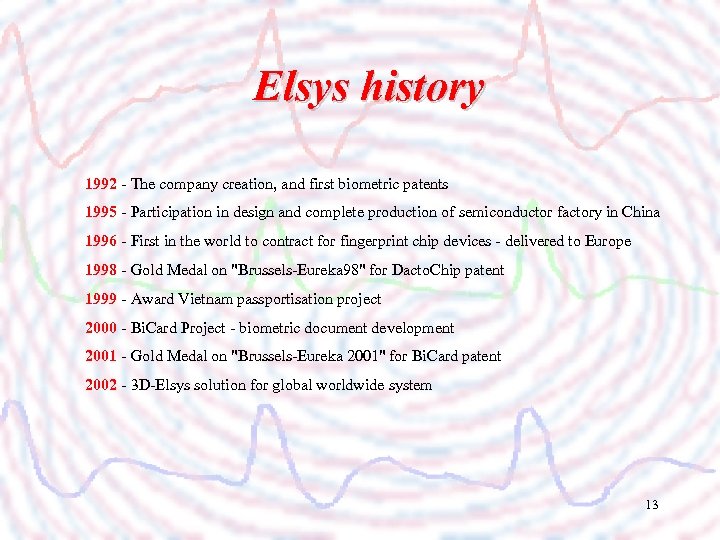 Elsys history 1992 - The company creation, and first biometric patents 1995 - Participation