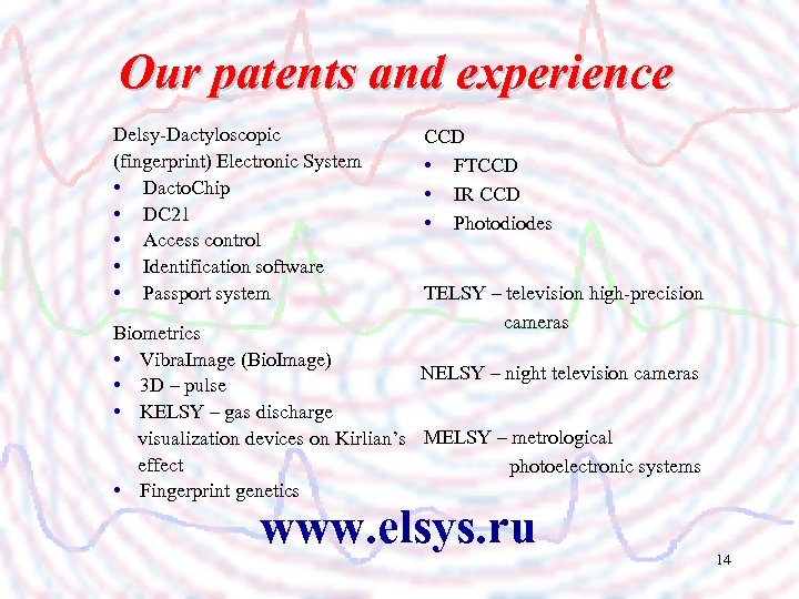 Our patents and experience Delsy-Dactyloscopic (fingerprint) Electronic System • Dacto. Chip • DC 21