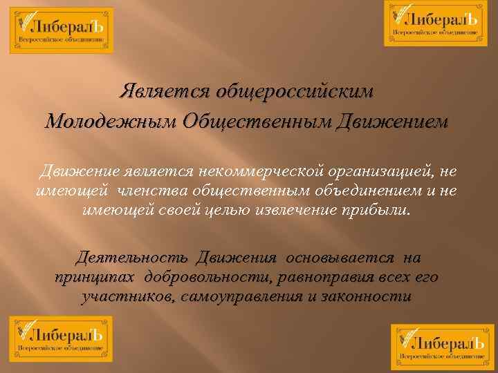 Является общероссийским Молодежным Общественным Движение является некоммерческой организацией, не имеющей членства общественным объединением и