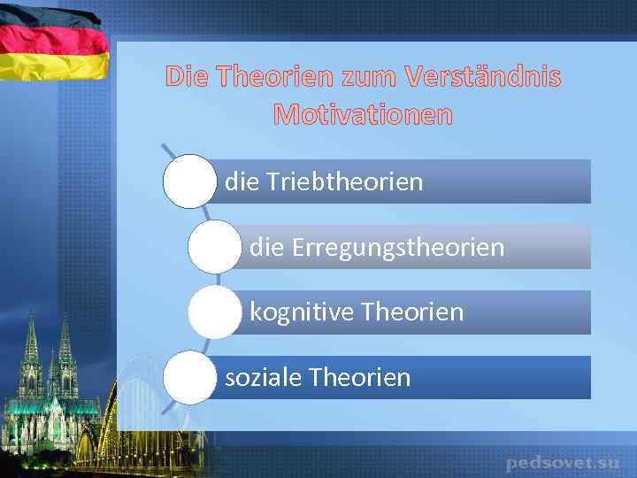 Die Theorien zum Verständnis Motivationen die Triebtheorien die Erregungstheorien kognitive Theorien soziale Theorien 