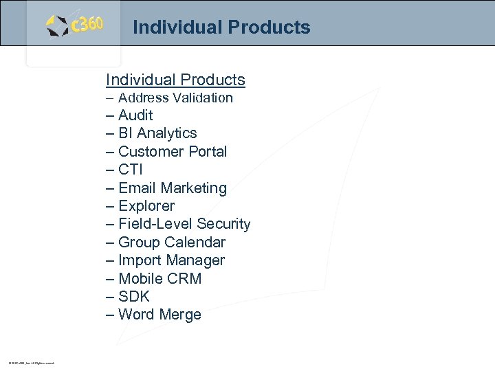 Individual Products – Address Validation – Audit – BI Analytics – Customer Portal –