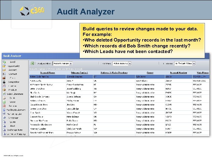 Audit Analyzer Build queries to review changes made to your data. For example: •