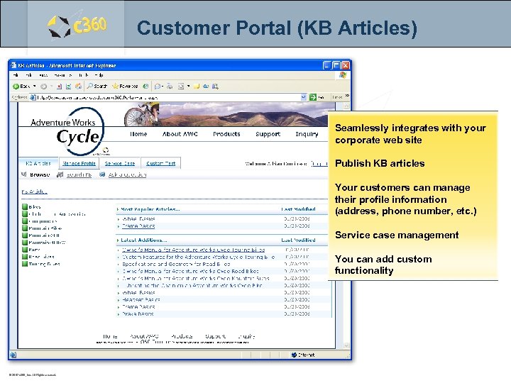 Customer Portal (KB Articles) Seamlessly integrates with your corporate web site Publish KB articles