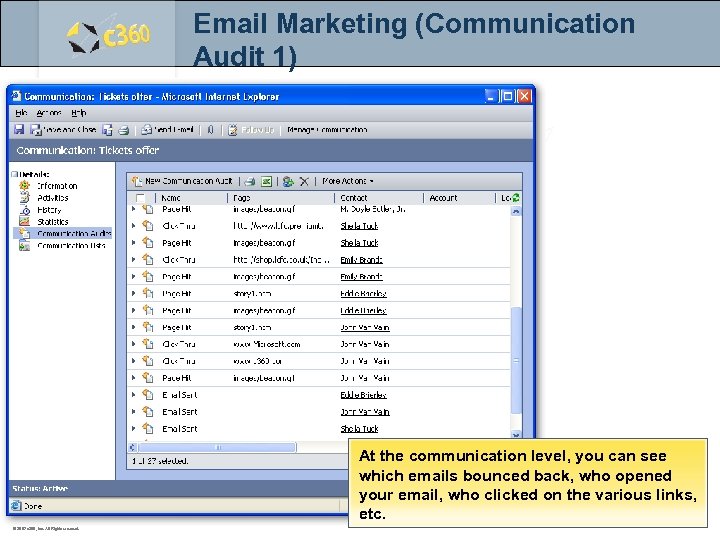 Email Marketing (Communication Audit 1) At the communication level, you can see which emails