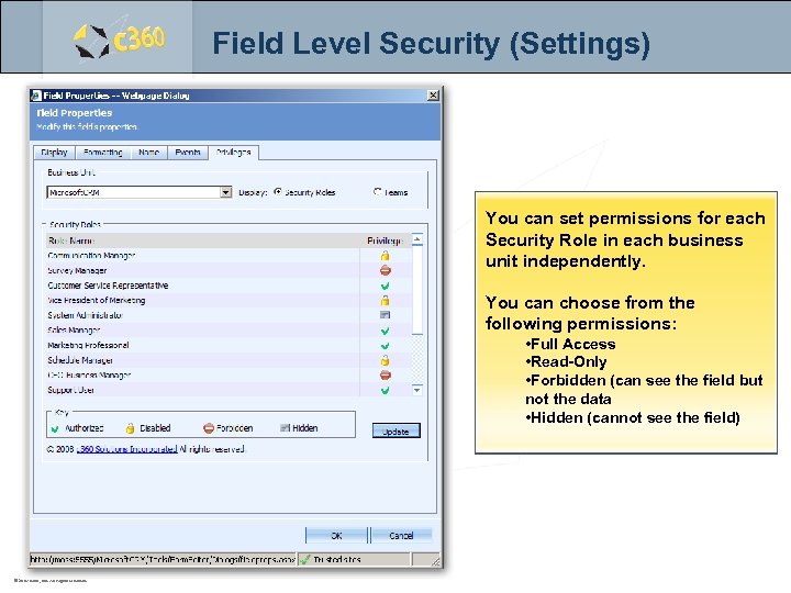 Field Level Security (Settings) You can set permissions for each Security Role in each