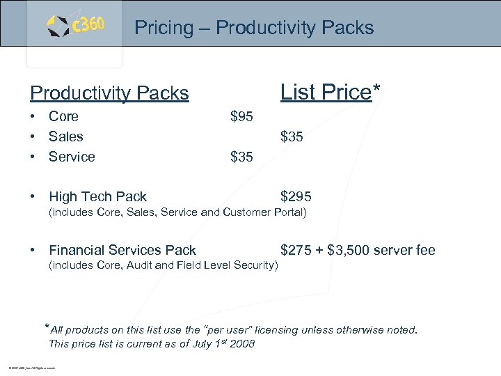 Pricing – Productivity Packs List Price* Productivity Packs • Core • Sales • Service