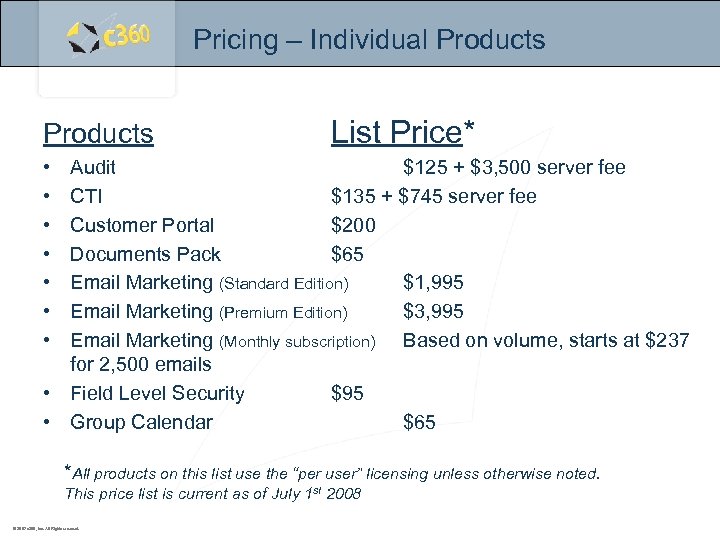 Pricing – Individual Products List Price* • • Audit $125 + $3, 500 server