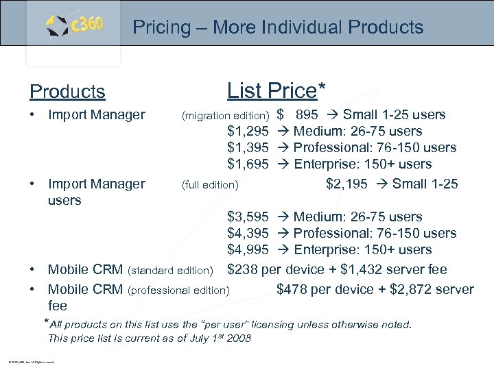 Pricing – More Individual Products • Import Manager users List Price* $ 895 Small