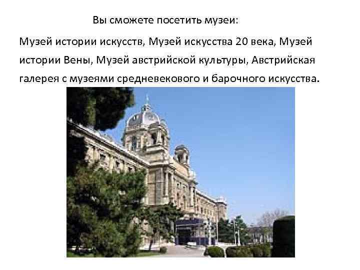  Вы сможете посетить музеи: Музей истории искусств, Музей искусства 20 века, Музей истории