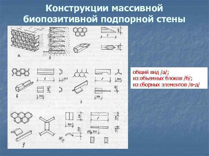 Конструкции массивной биопозитивной подпорной стены общий вид /а/; из объемных блоков /б/; из сборных