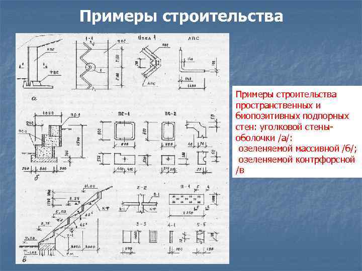 Примеры строительства пространственных и биопозитивных подпорных стен: уголковой стеныоболочки /а/: озеленяемой массивной /б/; озеленяемой