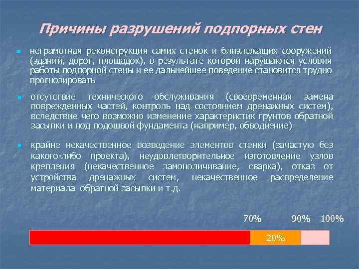 Причины разрушений подпорных стен n n n неграмотная реконструкция самих стенок и близлежащих сооружений
