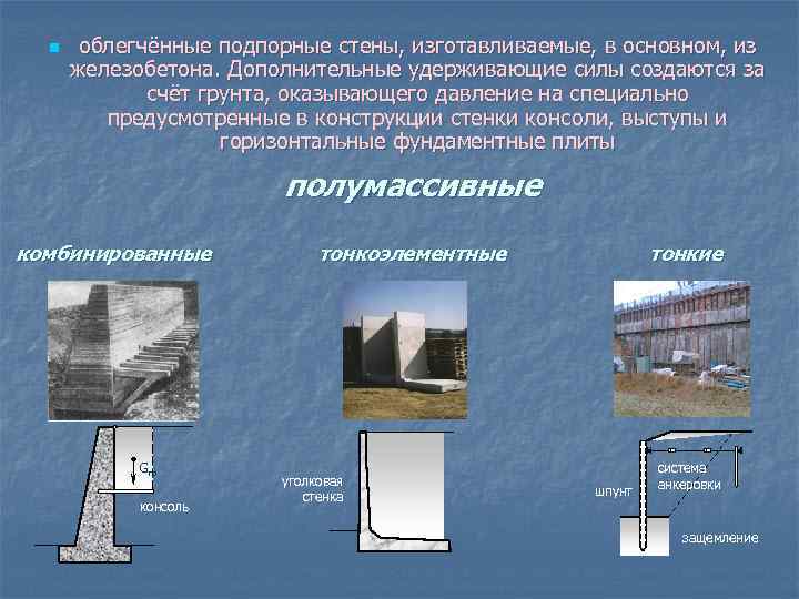 n облегчённые подпорные стены, изготавливаемые, в основном, из железобетона. Дополнительные удерживающие силы создаются за