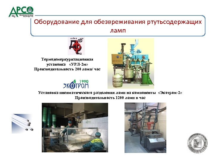Оборудование для обезвреживания ртутьсодержащих ламп Термодемеркуризационная установка «УРЛ-2 м» Производительность 200 ламп/ час Установка