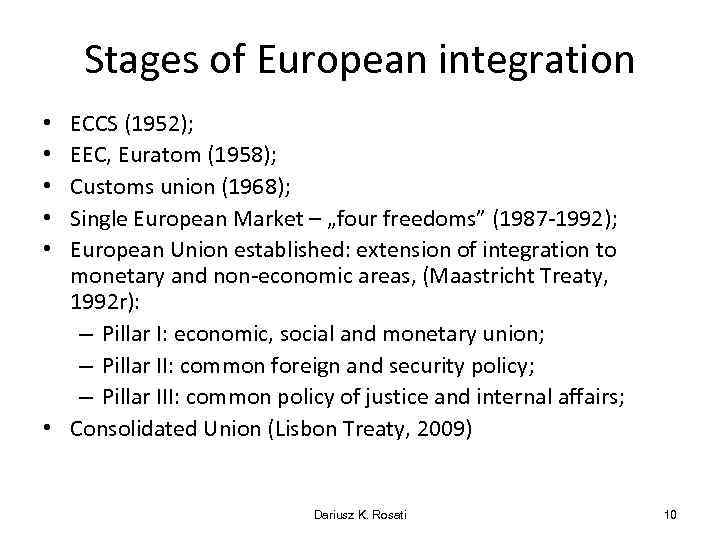 Stages of European integration ECCS (1952); EEC, Euratom (1958); Customs union (1968); Single European