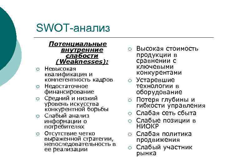 SWOT-анализ Потенциальные внутренние слабости (Weaknesses): ¡ ¡ ¡ Невысокая квалификация и компетентность кадров Недостаточное
