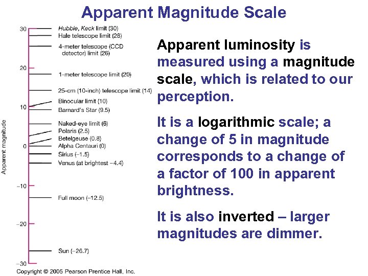 Apparent Magnitude Scale Apparent luminosity is measured using a magnitude scale, which is related
