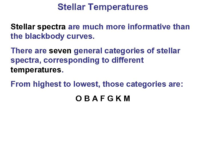 Stellar Temperatures Stellar spectra are much more informative than the blackbody curves. There are