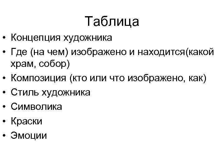 Таблица • Концепция художника • Где (на чем) изображено и находится(какой храм, собор) •