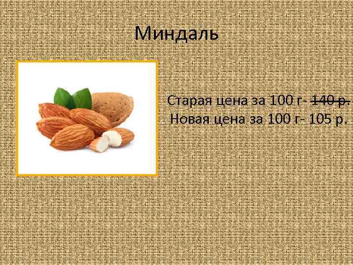 Миндаль Старая цена за 100 г- 140 р. Новая цена за 100 г- 105