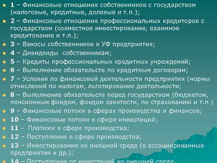 u u u u 1 – Финансовые отношения собственников с государством (налоговые, кредитные, долевые