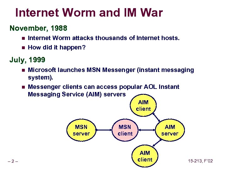 Internet Worm and IM War November, 1988 n Internet Worm attacks thousands of Internet