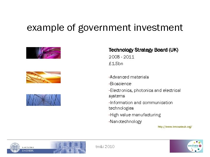 example of government investment Technology Strategy Board (UK) 2008 - 2011 £ 1. 5