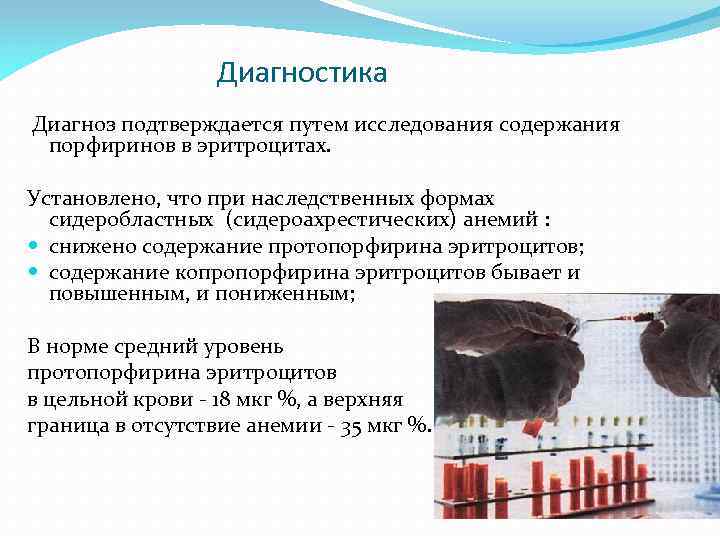 Диагностика Диагноз подтверждается путем исследования содержания порфиринов в эритроцитах. Установлено, что при наследственных формах