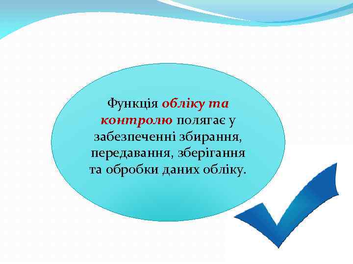 Функція обліку та контролю полягає у забезпеченні збирання, передавання, зберігання та обробки даних обліку.