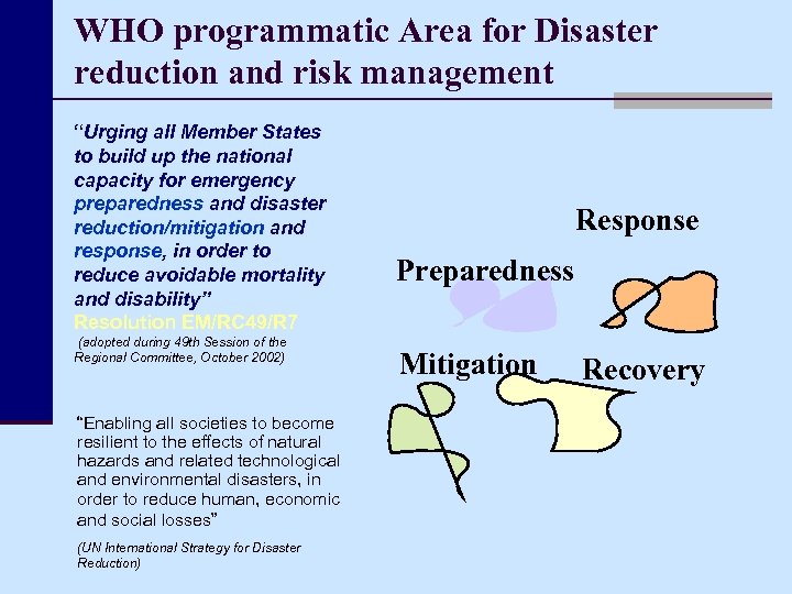 WHO programmatic Area for Disaster reduction and risk management “Urging all Member States to