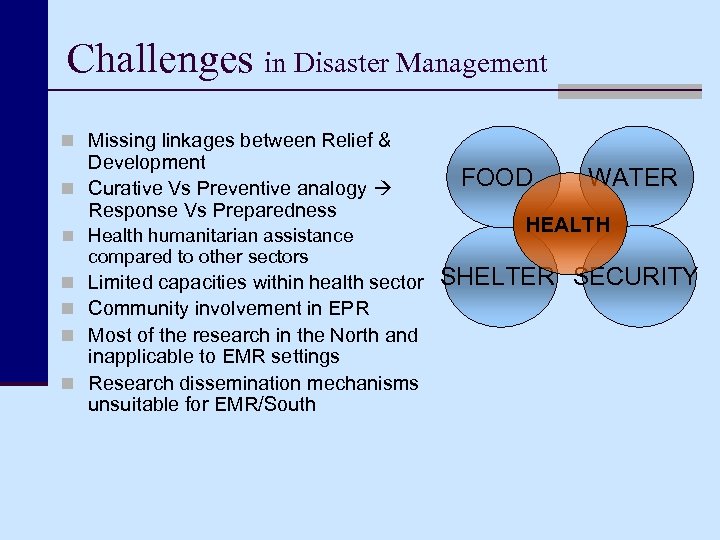 Challenges in Disaster Management n Missing linkages between Relief & Development n Curative Vs