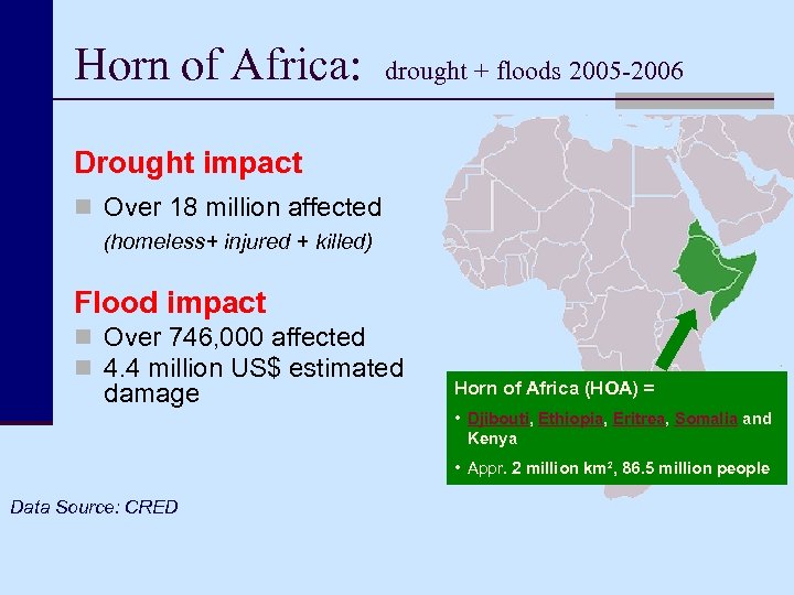 Horn of Africa: drought + floods 2005 -2006 Drought impact n Over 18 million