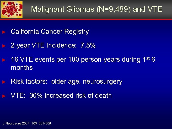 Malignant Gliomas (N=9, 489) and VTE ► California Cancer Registry ► 2 -year VTE