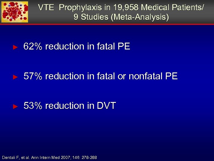 VTE Prophylaxis in 19, 958 Medical Patients/ 9 Studies (Meta-Analysis) ► 62% reduction in