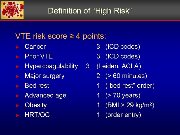 Definition of “High Risk” VTE risk score ≥ 4 points: ► ► ► ►