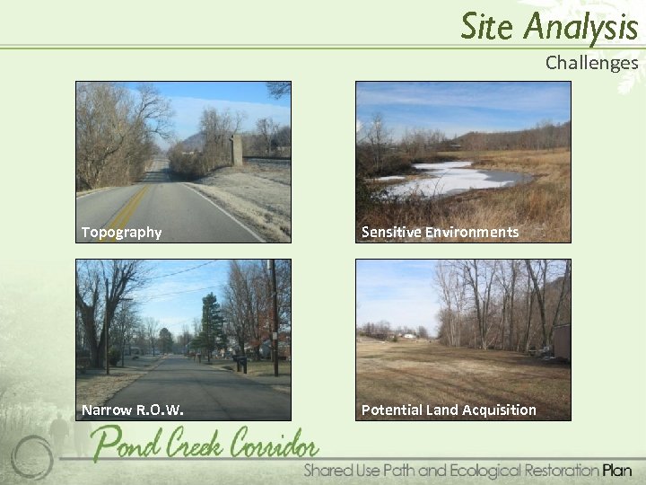 Site Analysis Challenges Topography Sensitive Environments Narrow R. O. W. Potential Land Acquisition 
