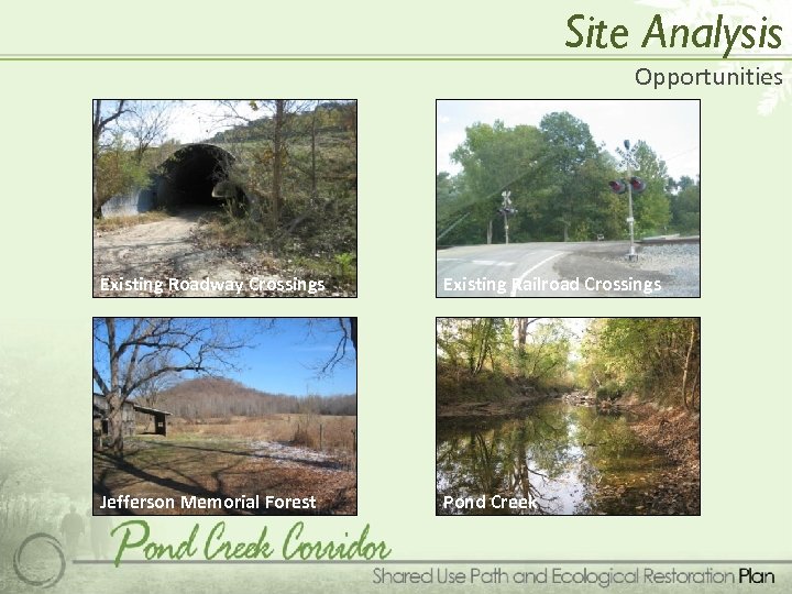 Site Analysis Opportunities Existing Roadway Crossings Existing Railroad Crossings Jefferson Memorial Forest Pond Creek