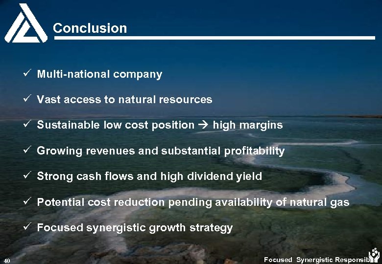 Conclusion ü Multi-national company ü Vast access to natural resources ü Sustainable low cost