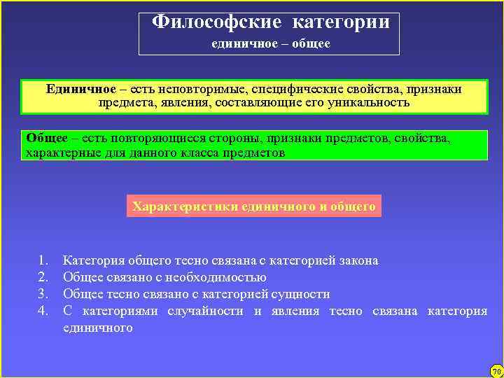 Философские категории единичное – общее Единичное – есть неповторимые, специфические свойства, признаки предмета, явления,