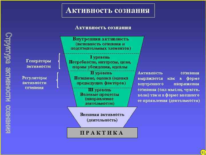 Активность сознания Внутренняя активность (активность сознания и подсознательных элементов) Генераторы активности Регуляторы активности сознания