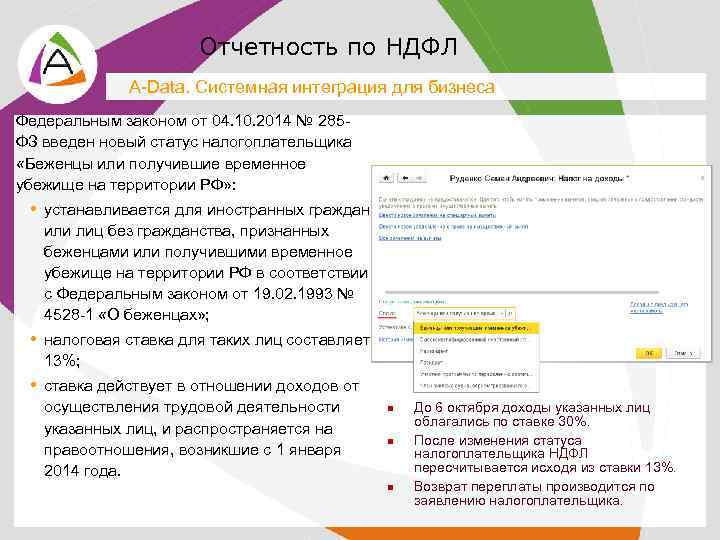 Отчетность по НДФЛ A-Data. Системная интеграция для бизнеса Федеральным законом от 04. 10. 2014