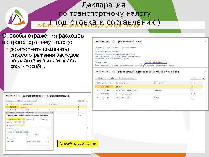 Декларация по транспортному налогу (подготовка к составлению) A-Data. Системная интеграция для бизнеса Способы отражения