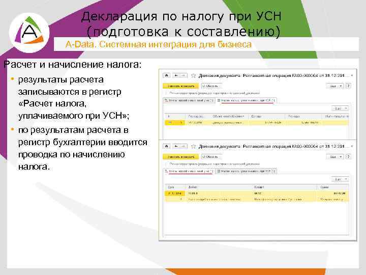 Декларация по налогу при УСН (подготовка к составлению) A-Data. Системная интеграция для бизнеса Расчет