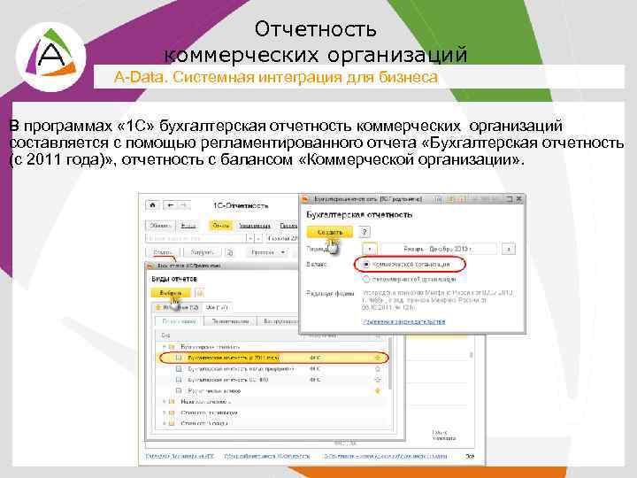 Отчетность коммерческих организаций A-Data. Системная интеграция для бизнеса В программах « 1 С» бухгалтерская