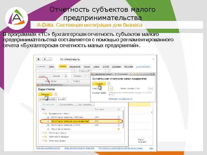 Отчетность субъектов малого предпринимательства A-Data. Системная интеграция для бизнеса В программах « 1 С»