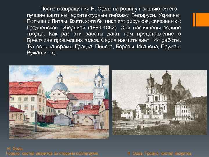 После возвращения Н. Орды на родину появляются его лучшие картины: архитектурные пейзажи Беларуси, Украины,