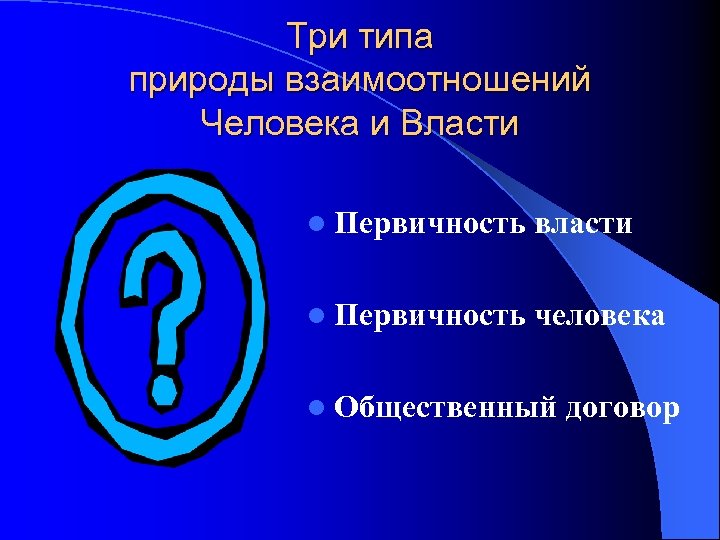 Три типа природы взаимоотношений Человека и Власти l Первичность власти l Первичность человека l