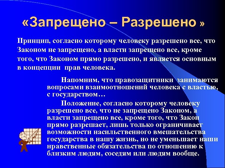  «Запрещено – Разрешено » Принцип, согласно которому человеку разрешено все, что Законом не